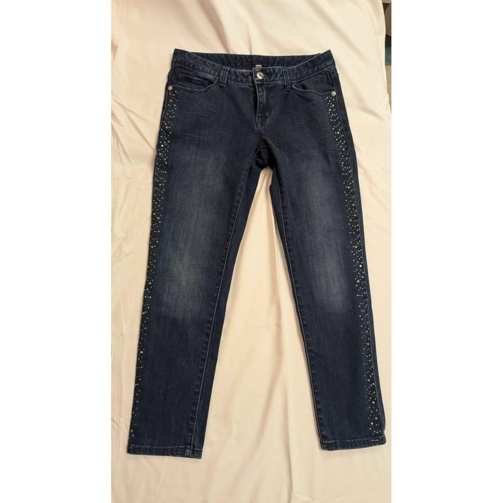 Cache Studded Side Stripe Cropped Jeans Womens‎ Size 4 Dark Wash Stretch Denim